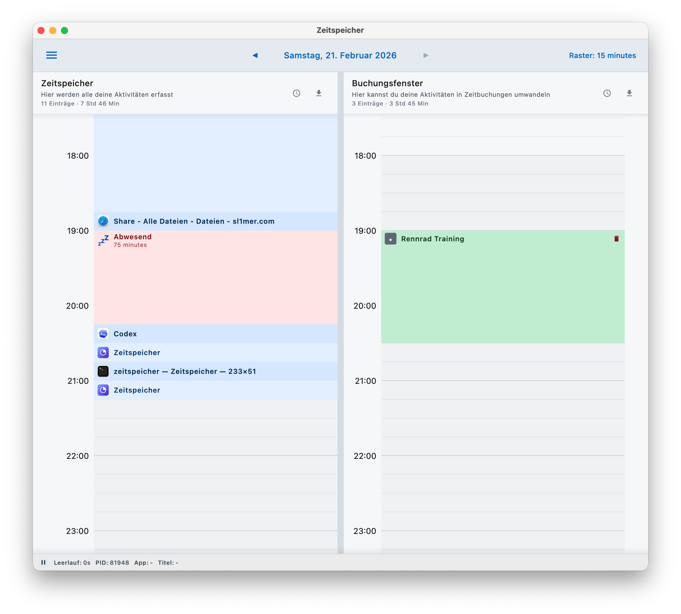 Zeitspeicher.app Übersicht mit Zeitspeicher.app und Buchungsfenster