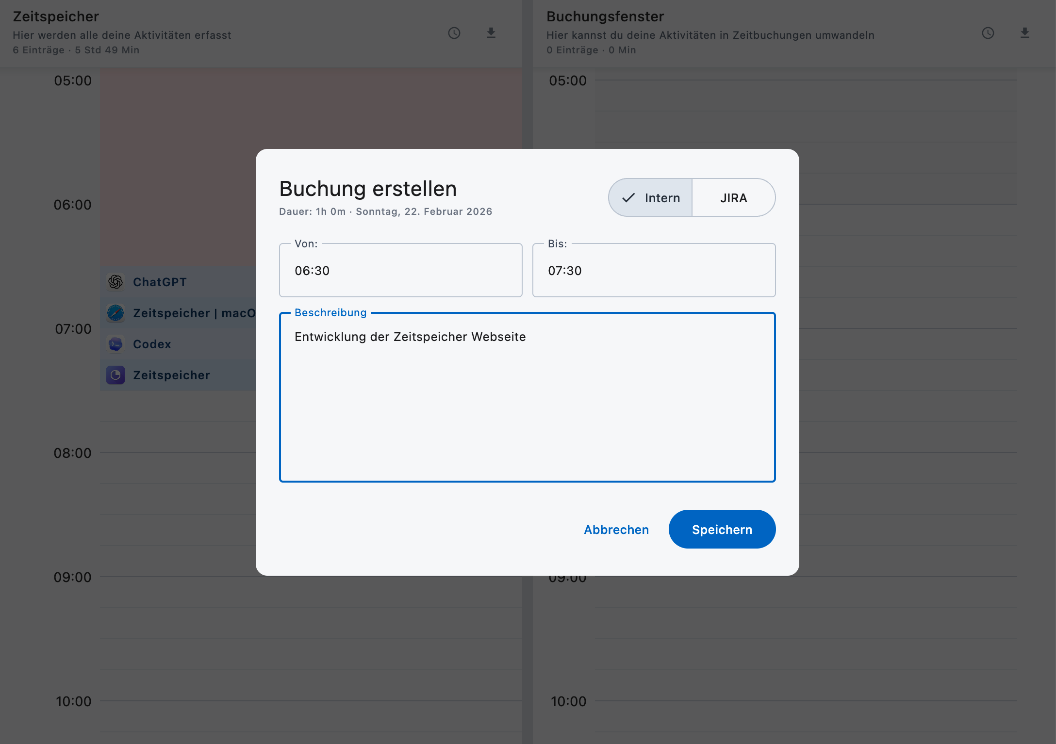 Buchungsansicht mit übersichtlichem Tagesverlauf und editierbaren Abschnitten
