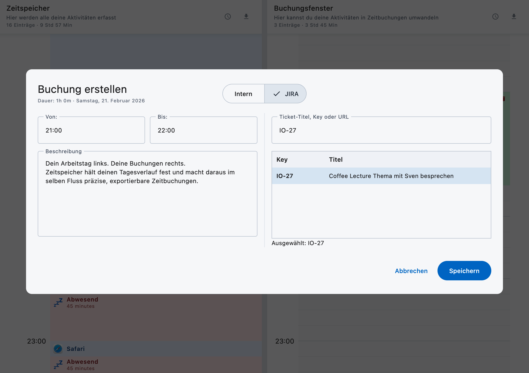 JIRA-Buchungsdialog mit Ticketauswahl und Worklog-Feldern
