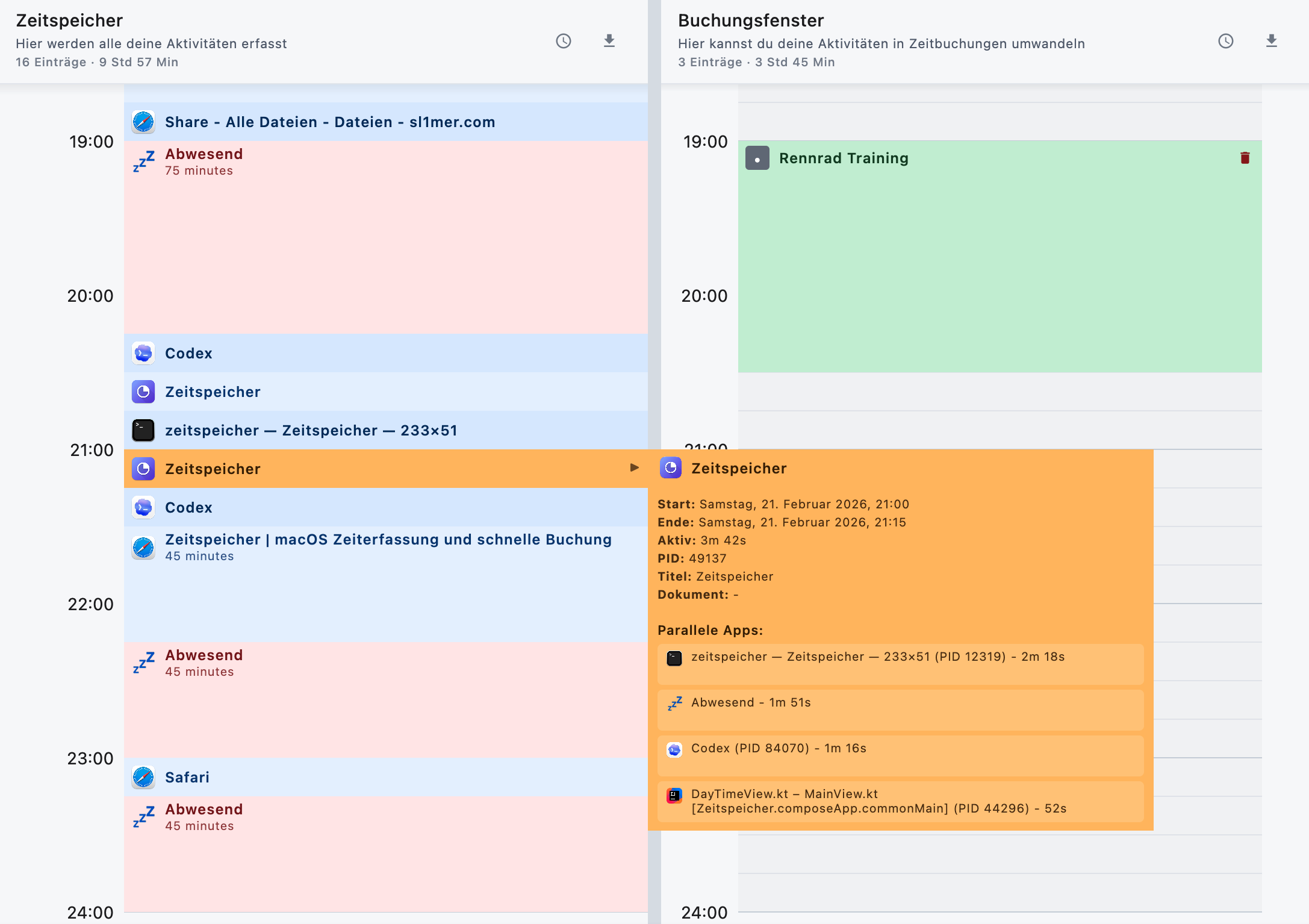 Zeitspeicher.app Übersicht mit parallelen Timelines für Erfassen und Buchen